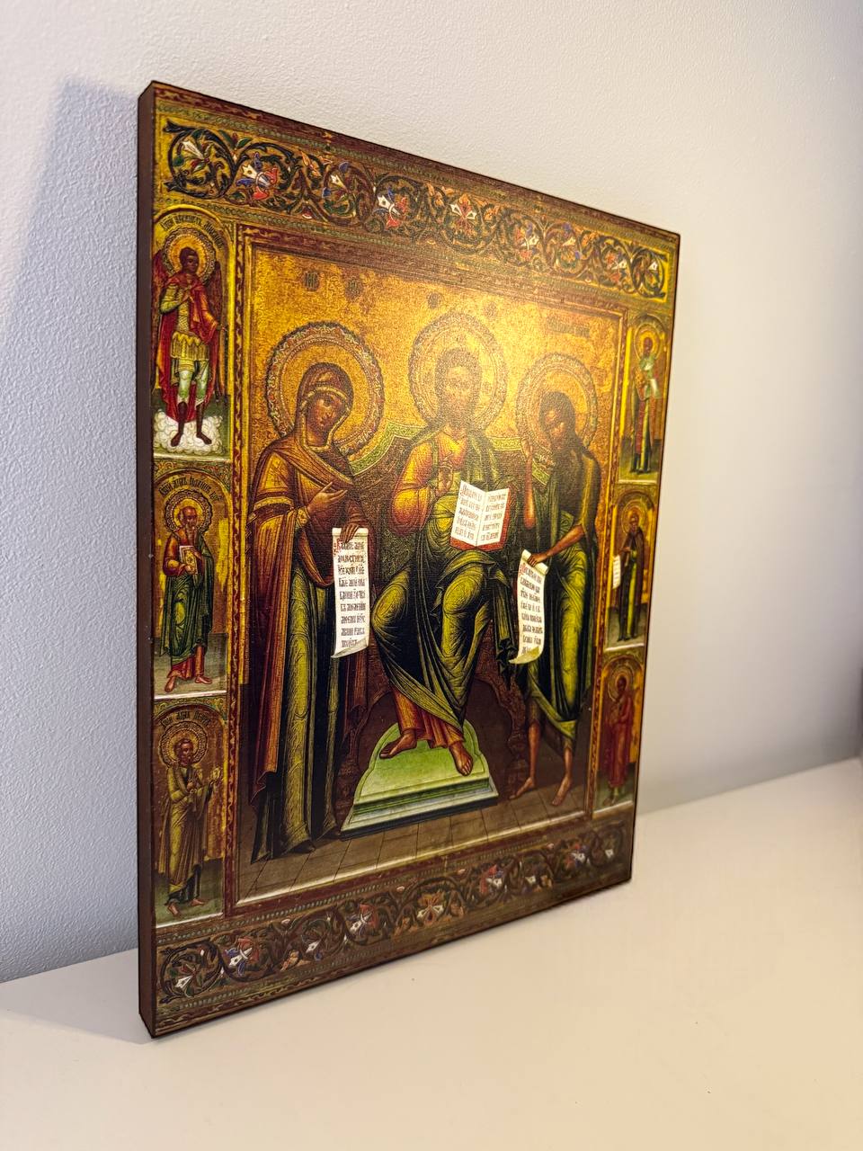 Wooden Icon of Deisus (Deisis). The image of Jesus Christ with the upcoming Mother of God and John the Forerunner