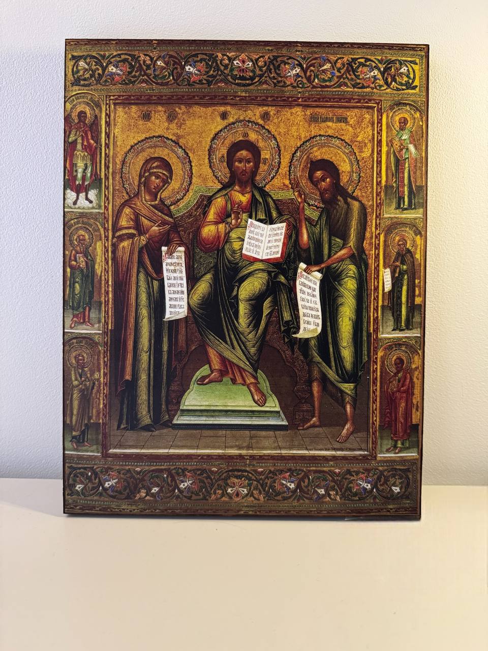 Wooden Icon of Deisus (Deisis). The image of Jesus Christ with the upcoming Mother of God and John the Forerunner