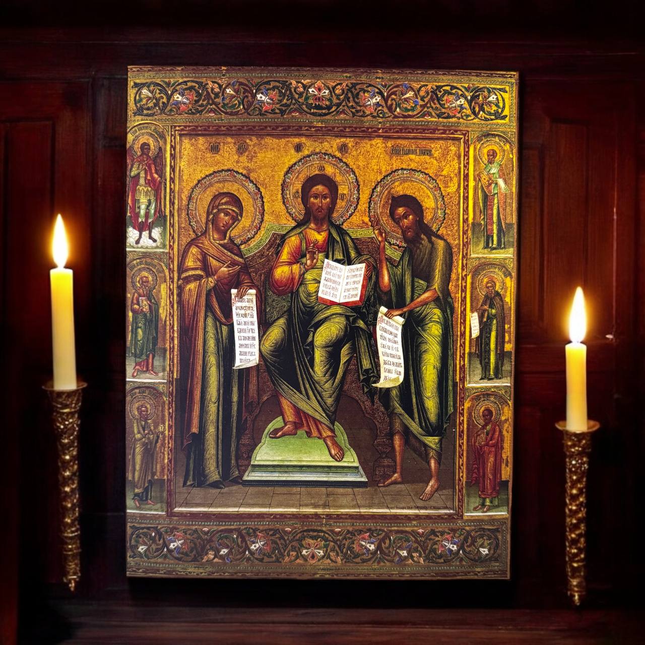 Wooden Icon of Deisus (Deisis). The image of Jesus Christ with the upcoming Mother of God and John the Forerunner