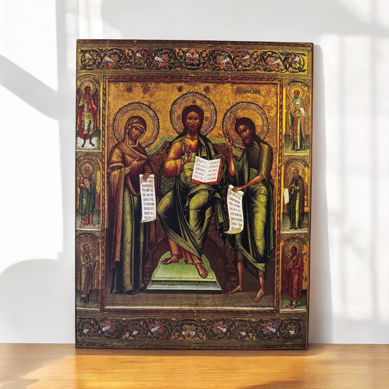 Wooden Icon of Deisus (Deisis). The image of Jesus Christ with the upcoming Mother of God and John the Forerunner