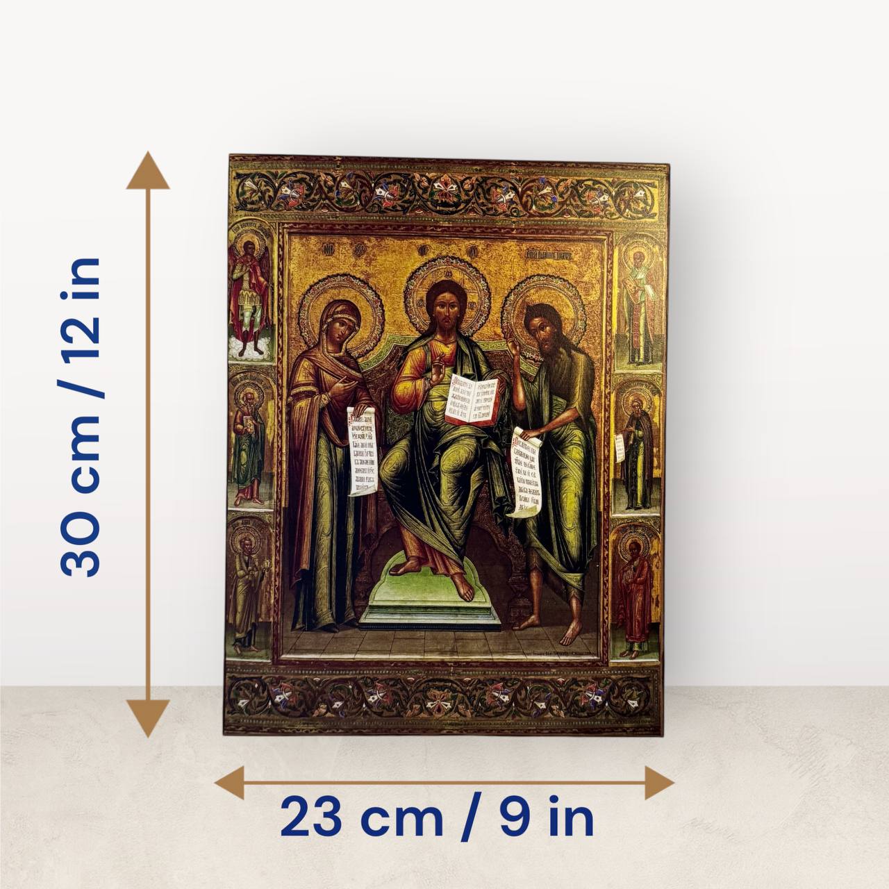 Wooden Icon of Deisus (Deisis). The image of Jesus Christ with the upcoming Mother of God and John the Forerunner