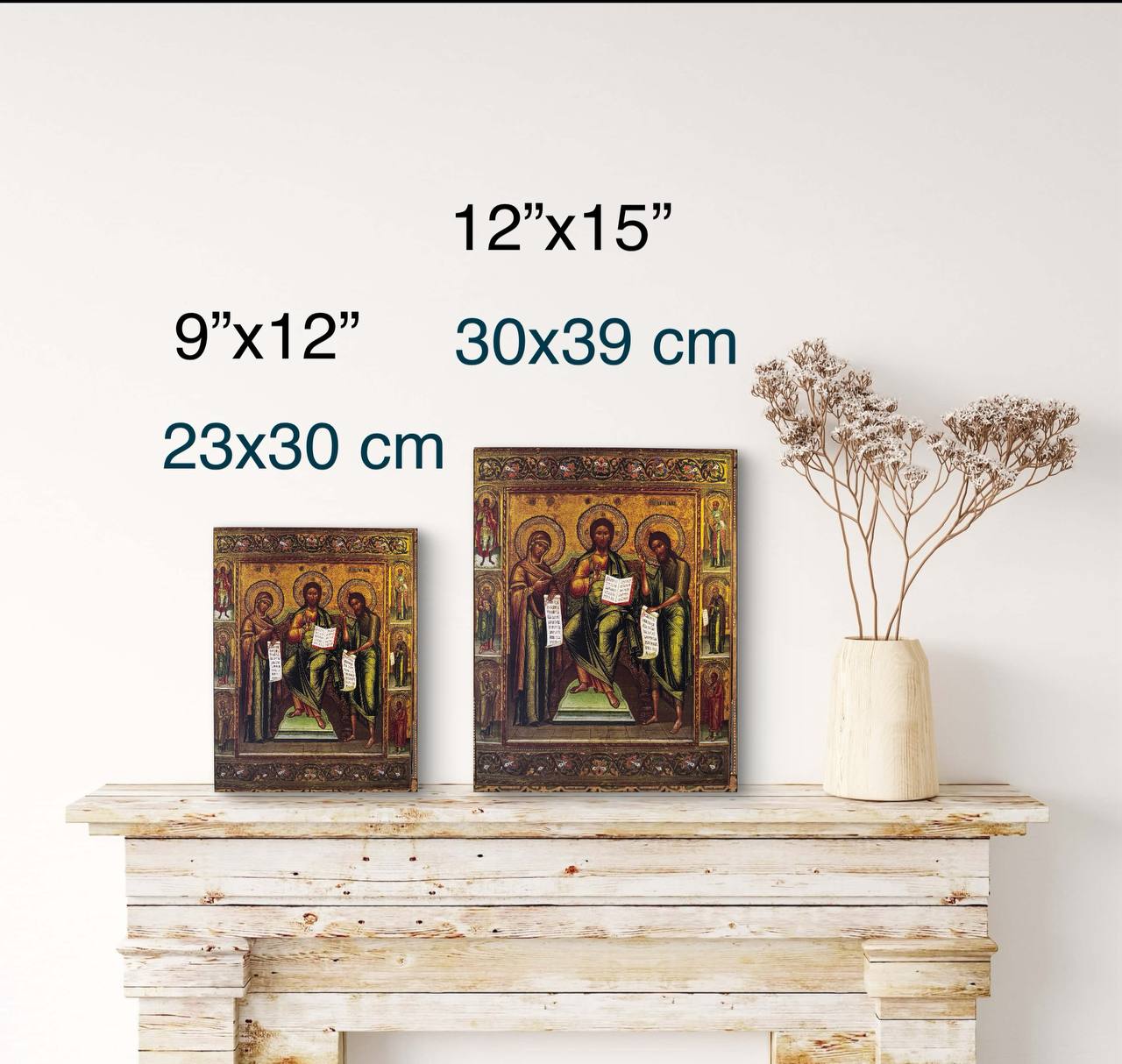 Wooden Icon of Deisus (Deisis). The image of Jesus Christ with the upcoming Mother of God and John the Forerunner