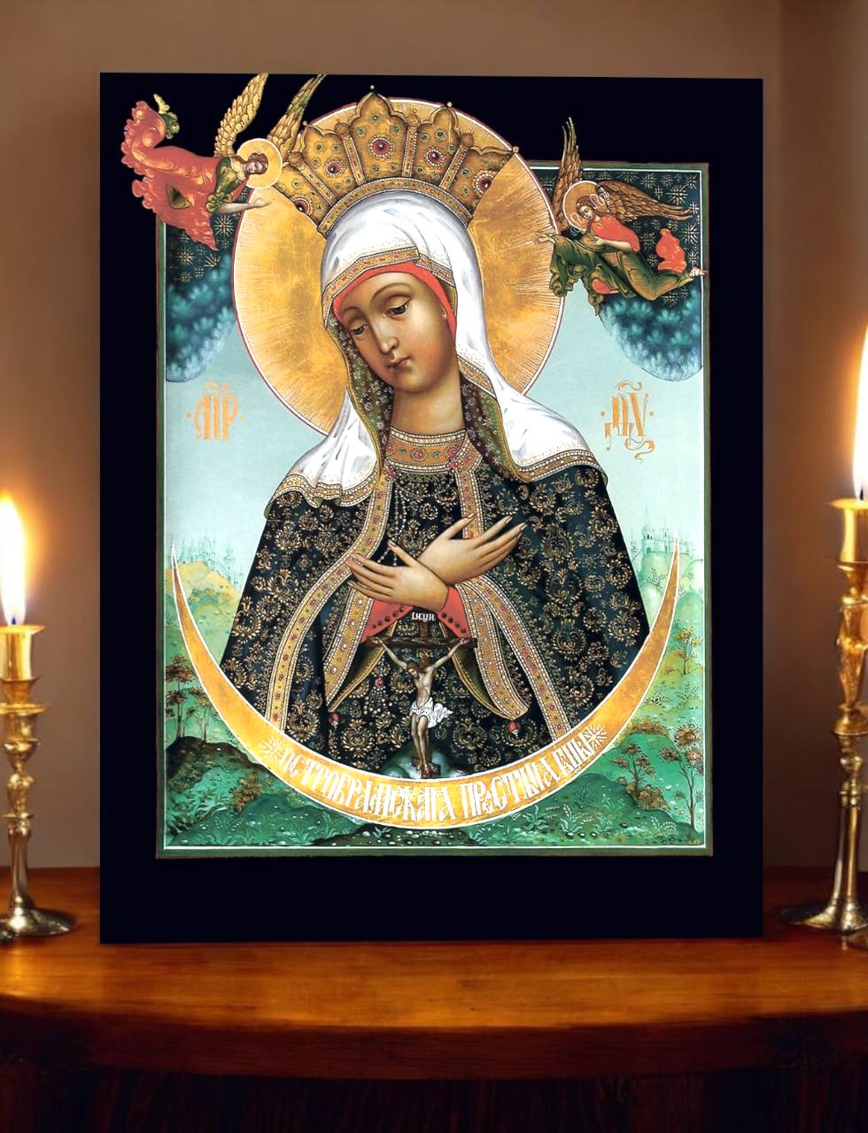 Our Lady of the Gate of Dawn "Ostrobramskaya" Mother of God Virgin Mary the Theotokos icon. Wooden orthodox icon