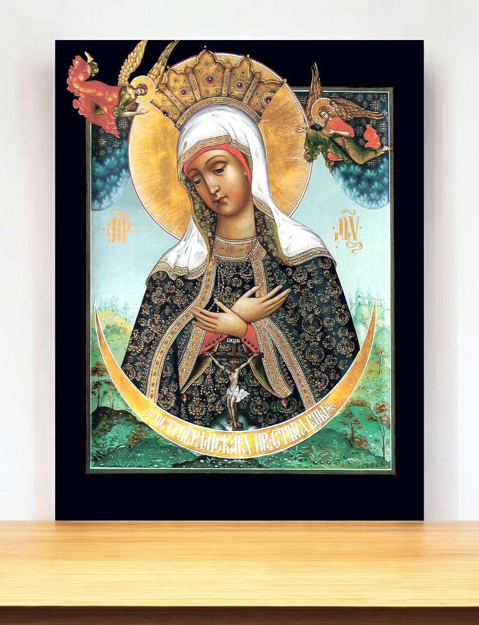 Our Lady of the Gate of Dawn "Ostrobramskaya" Mother of God Virgin Mary the Theotokos icon. Wooden orthodox icon