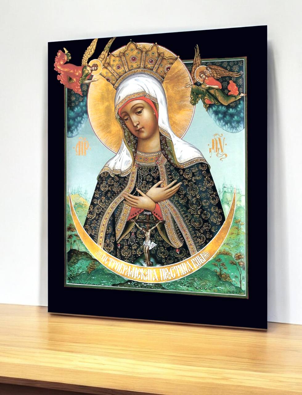 Our Lady of the Gate of Dawn "Ostrobramskaya" Mother of God Virgin Mary the Theotokos icon. Wooden orthodox icon