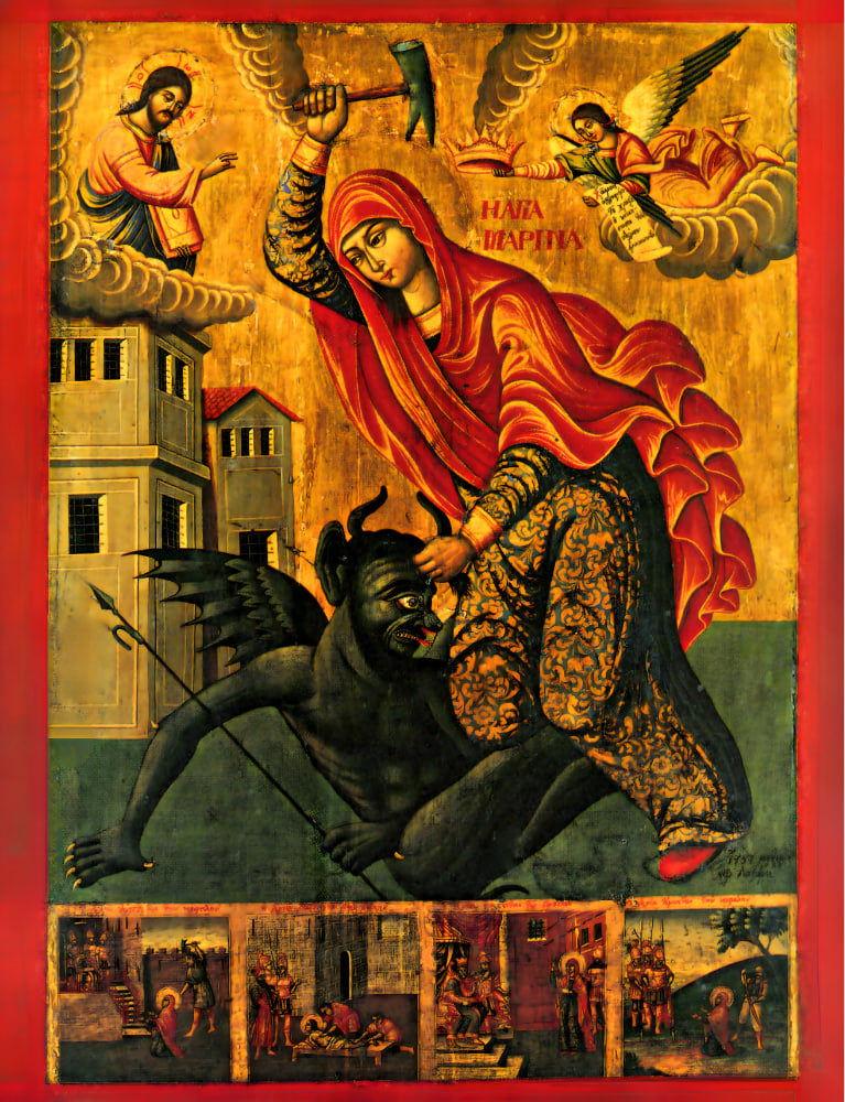 Saint Marina (Margaret) of Antioch "beating the devil", holy great martyr. Wooden orthodox Icon