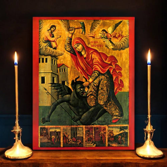 Saint Marina (Margaret) of Antioch "beating the devil", holy great martyr. Wooden orthodox Icon