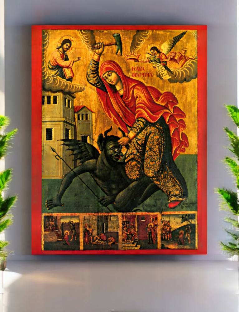 Saint Marina (Margaret) of Antioch "beating the devil", holy great martyr. Wooden orthodox Icon