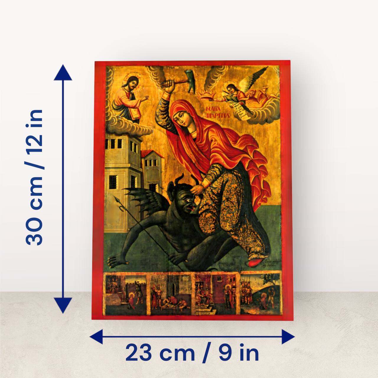 Saint Marina (Margaret) of Antioch "beating the devil", holy great martyr. Wooden orthodox Icon