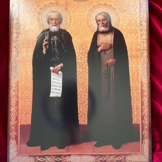 Wooden Orthodox icon of Saint Sergius of Radonezh and Saint Seraphim of Sarov