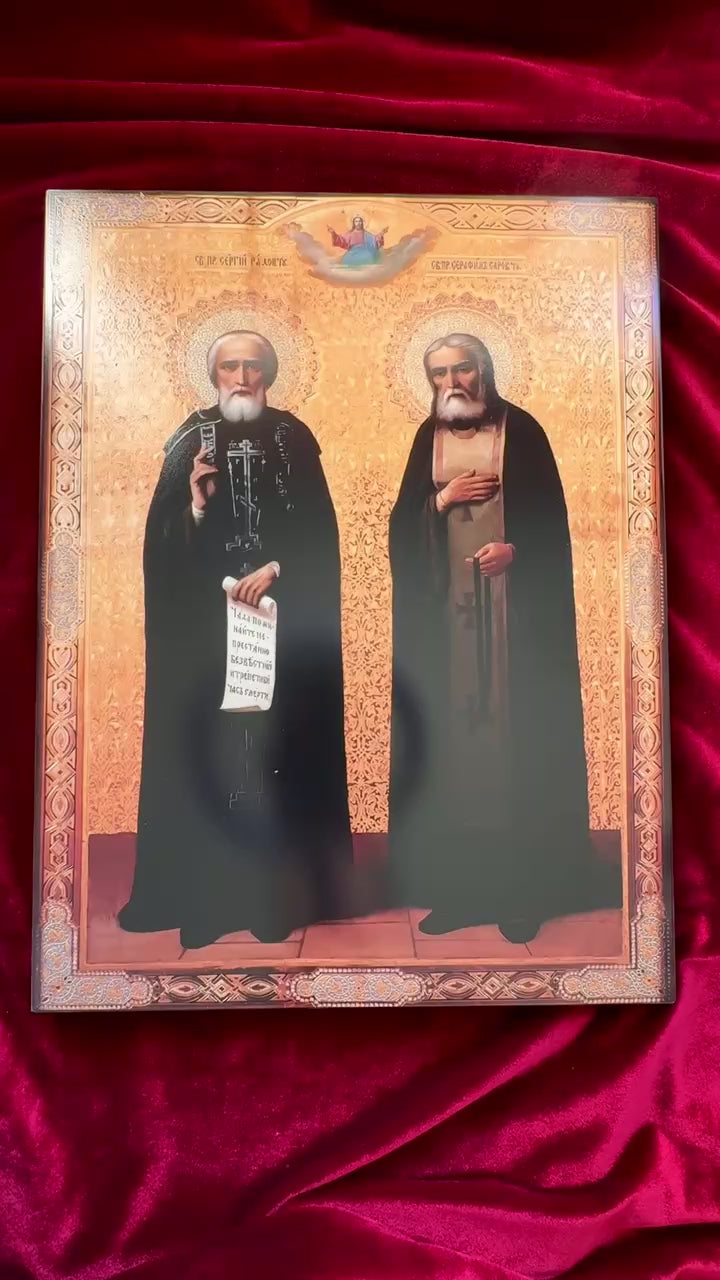 Wooden Orthodox icon of Saint Sergius of Radonezh and Saint Seraphim of Sarov