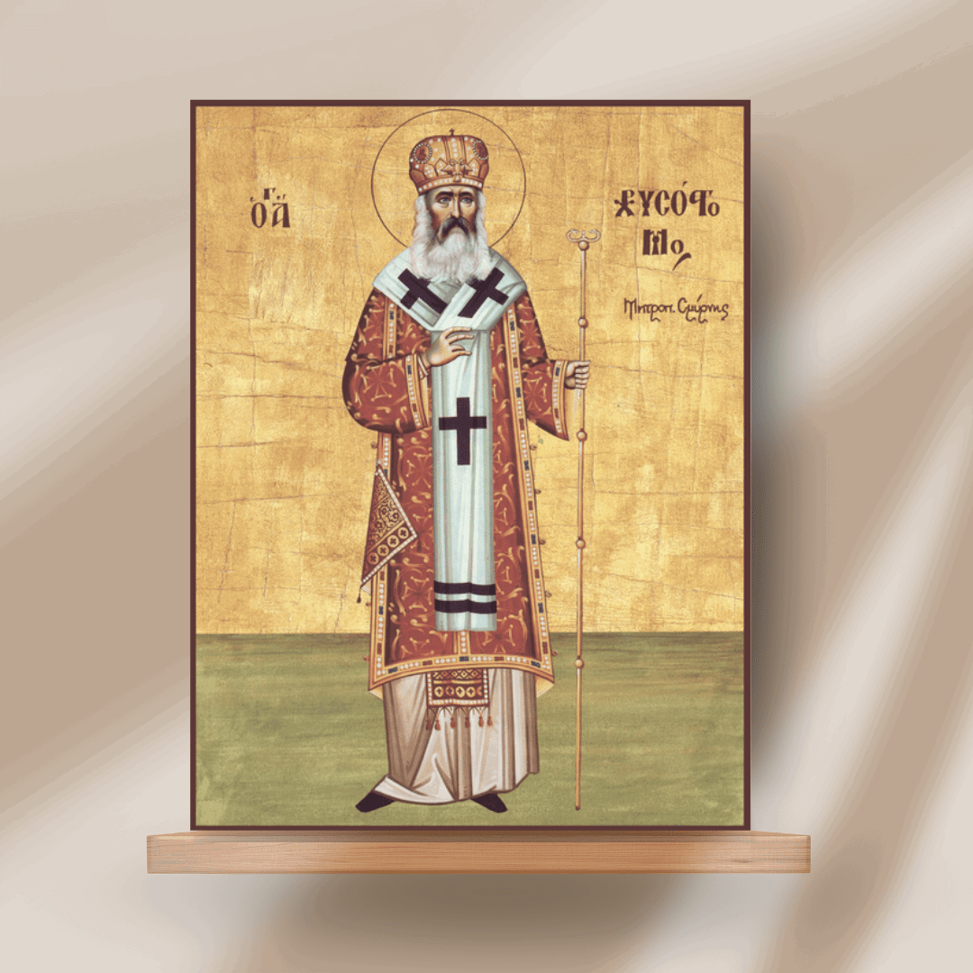 Saint Chrysostomos of Smyrna Orthodox Icon Martyr Metropolitan of Asia Minor Handmade Wooden Wall Art - iconsofsaints.com