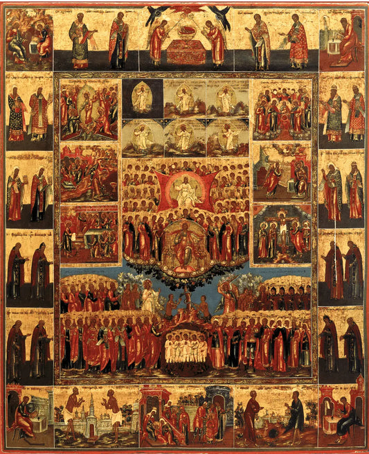 The Six Days of Creation (Hexaemeron) with Selected Saints. Wooden orthodox icon. - iconsofsaints.com