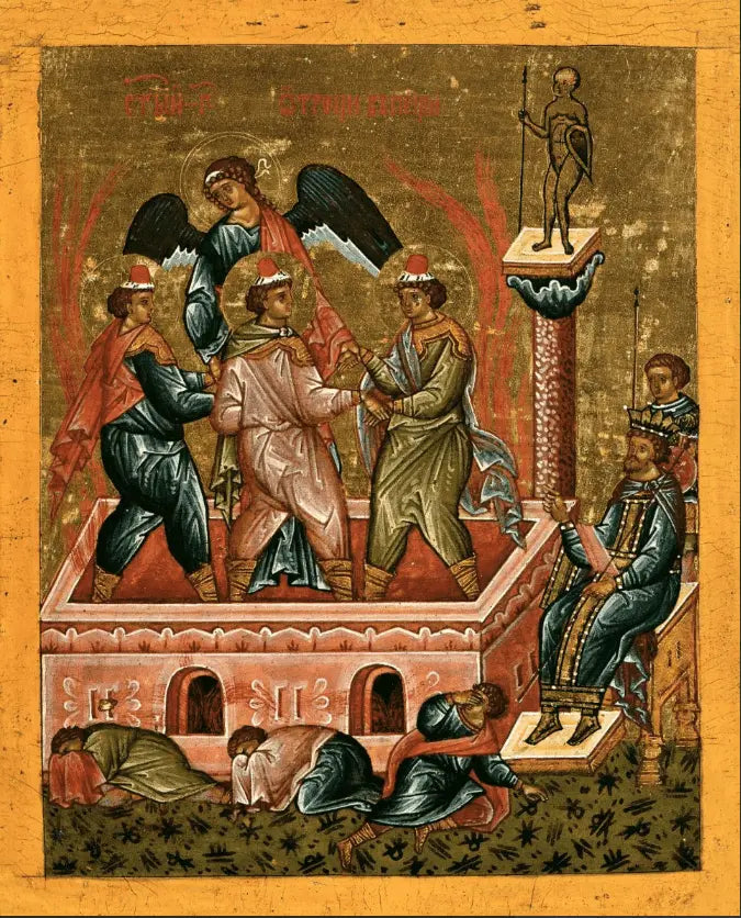 The Three Holy Youths in the Fiery Furnace: Ananias, Azarias, and Misael. Wooden orthodox icon. - iconsofsaints.com