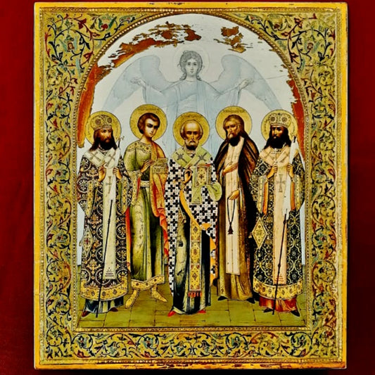 Wooden Icon of St. Nicholas the Wonderworker with a Guardian Angel and saints