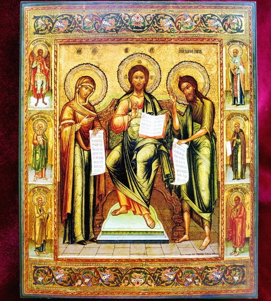 Wooden Icon of Deisus (Deisis). The image of Jesus Christ with the upcoming Mother of God and John the Forerunner
