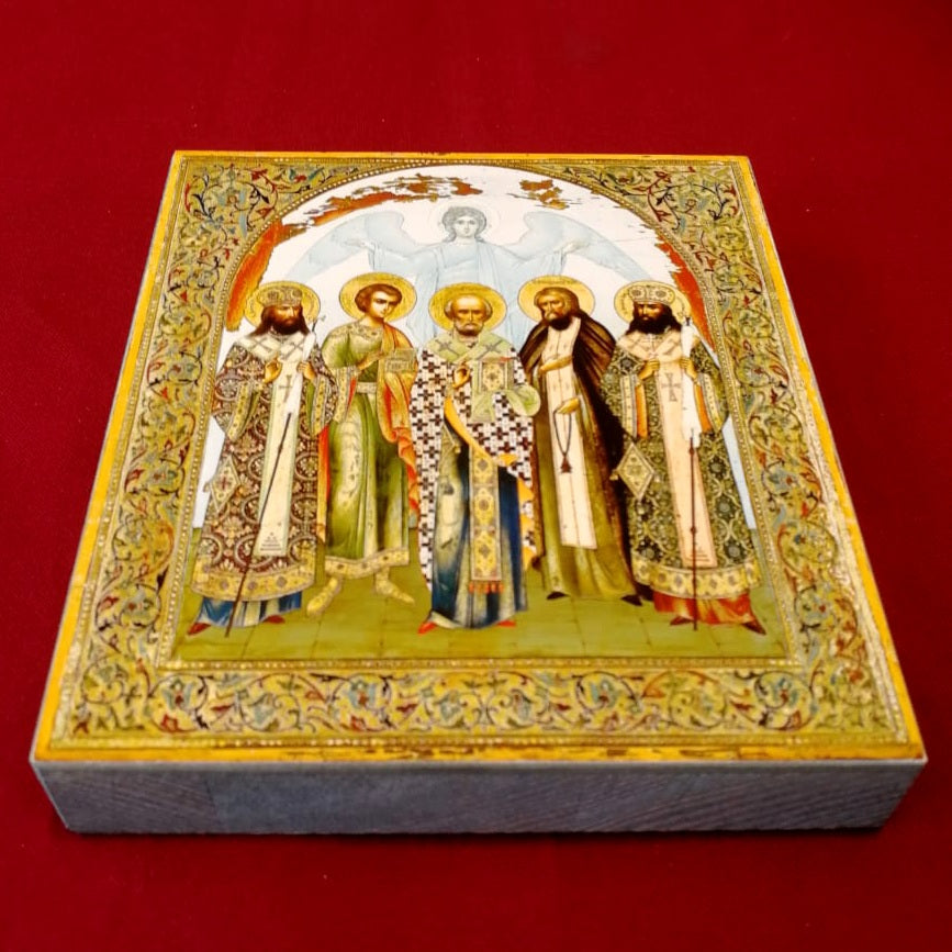 Icône de Saint-Nicolas le Merveilleux avec un ange gardien et des saints