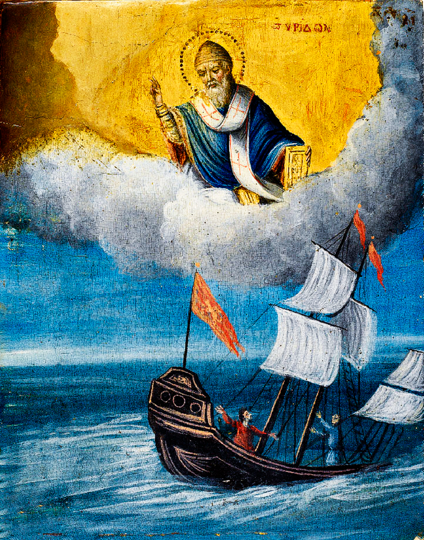 Saint Spyridon of Trimifunt Rescue at sea (Salvation in the sea of life). Wooden orthodox icon