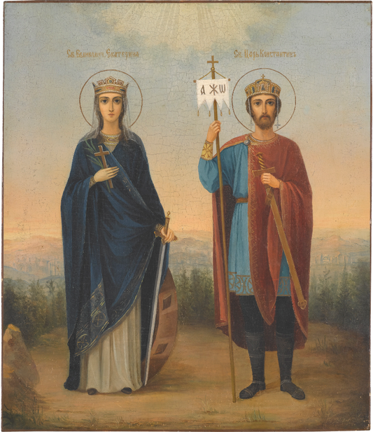 Saints Constantine Equal-to-the-Apostles and Great Martyr Catherine. Wooden orthodox icon