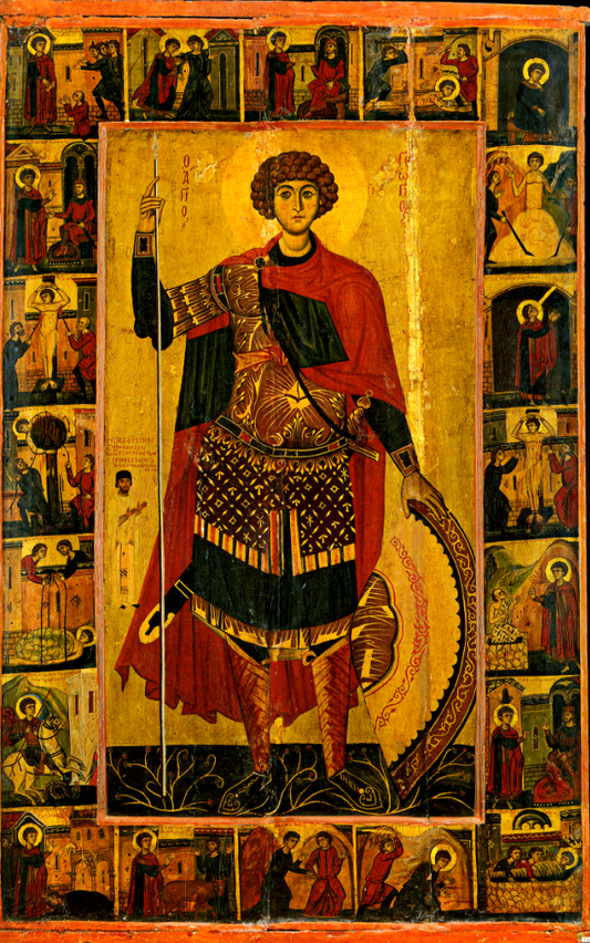 Saint George the Victorious with scenes of life. Wooden orthodox icon